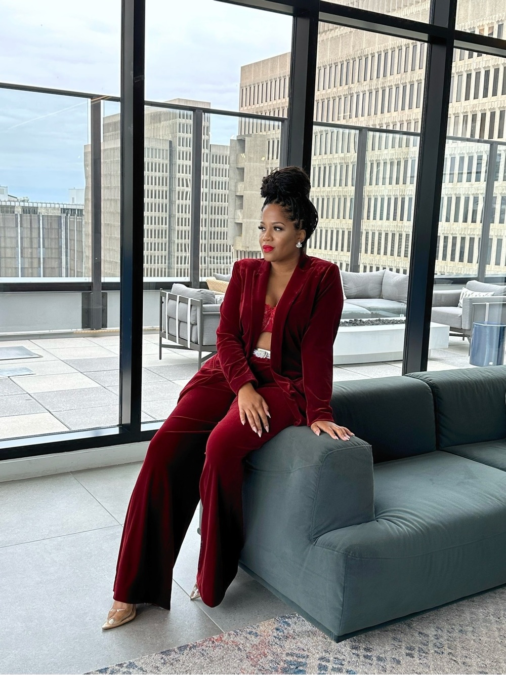 White House Black Market Burgundy Velvet Wide-Leg Pants & Blazer